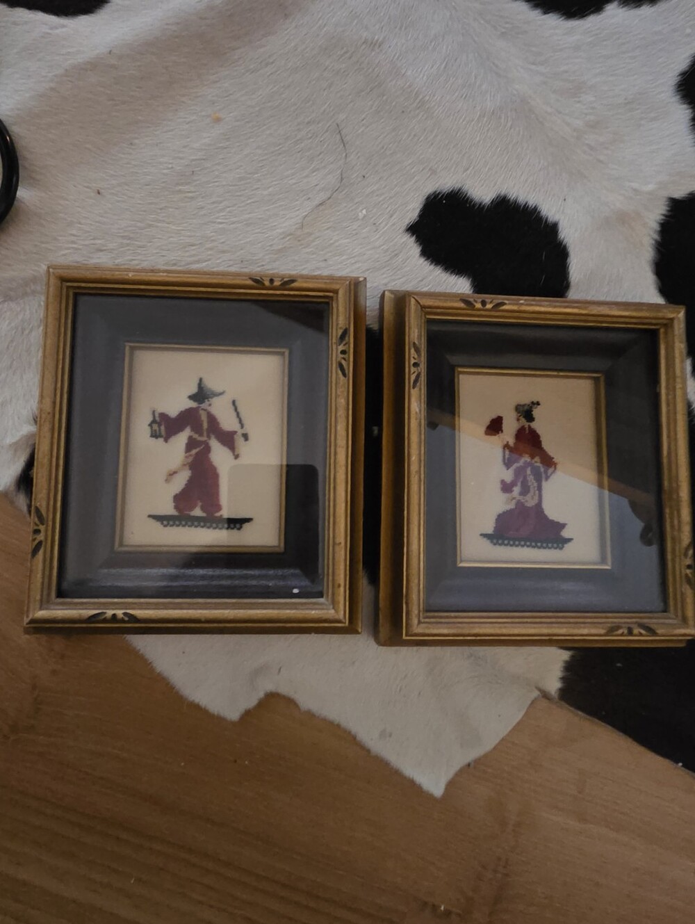Vintage framed petit point or needlepoint embroidery art piece featuring a Japan